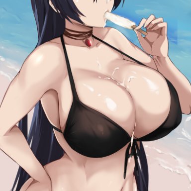 chuunibyou demo koi ga shitai!, takanashi touka, cafekun, big breasts, bikini, black bikini, black hair, eating, female, large breasts, long hair, looking at viewer, popsicle, red eyes, sexually suggestive