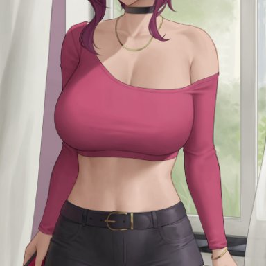 genshin impact, rosaria (genshin impact), zaphn, 1girls, breasts, casual clothes, choker, clothed, clothed female, female, female only, hips, holding object, huge breasts, indoors