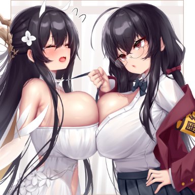 azur lane, indomitable (azur lane), taihou (azur lane), dsjglass, 2girls, black hair, breast press, fake horns, flower, glasses, large breasts, red eyes, tied hair, absurd res, alternate version available