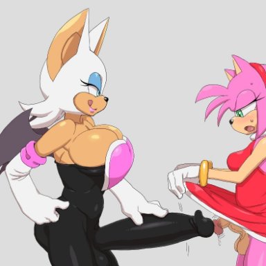 sega, sonic (series), amy rose, rouge the bat, timaturixp, 2futas, anthro, balls, bat, bat wings, big breasts, big penis, blue eyes, breasts, chiropteran