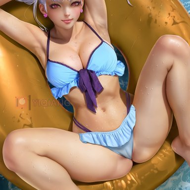 black clover, noelle silva, yi qiang, 1girls, armpits, beach, big breasts, bikini, blue bikini, breasts, cameltoe, earrings, eyelashes, innie pussy, looking at viewer