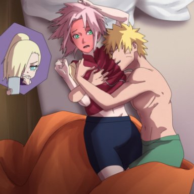 naruto, naruto (series), naruto shippuden, ino yamanaka, sakura haruno, uzumaki naruto, pumiih, 1boy, 2girls, bed, blonde hair, blush, caught, caught in the act, close-up