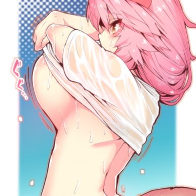 fate/grand order, fate (series), tamamo (fate), tamamo no mae (fate), tamamo no mae (fate/extra), wisespeak, animal ear fluff, animal ears, bottomless, breasts, clothes lift, female, fox ears, fox girl, fox tail