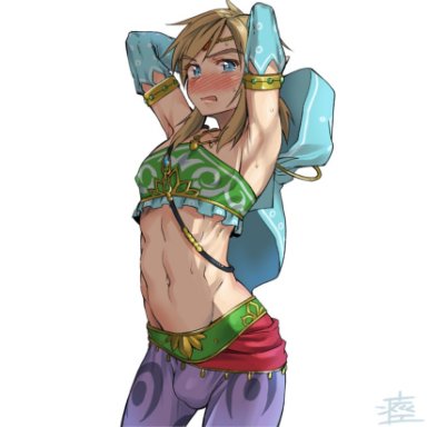 breath of the wild, nintendo, the legend of zelda, gerudo link, link, monbetsu kuniharu, 1boy, armpits, arms behind head, arms up, ball bulge, blue eyes, blush, brown hair, bulge