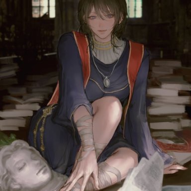 elden ring, fromsoftware, sorceress sellen, hachiji800, 1girls, bandage, big breasts, clothing, dress, feet, female, female only, foot fetish, legs up, solo