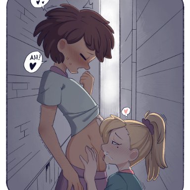 amphibia, disney, disney channel, anne boonchuy, sasha waybright, gm92, 1futa, 1girls, blonde hair, blush, brown hair, clothed, clothed sex, clothing, cum