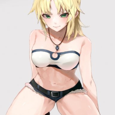 fate/apocrypha, fate/grand order, fate (series), mordred (fate), kataku musou, 1girls, blonde hair, blush, booty shorts, breasts, clothed, clothed female, embarrassed, female, female only