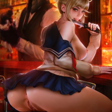 my hero academia, himiko toga, demonlorddante, 1girls, anus, areolae, ass, barstool, blonde hair, breasts, female, knife, looking at viewer, medium breasts, nipples