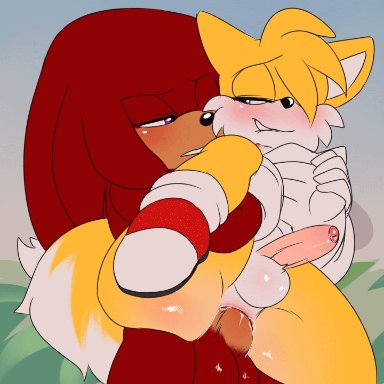 sega, sonic the hedgehog (series), knuckles the echidna, tails, krazyelf, anal, anal sex, anthro, anthro on anthro, anthro penetrated, anthro penetrating, anthro penetrating anthro, anus, ass, balls