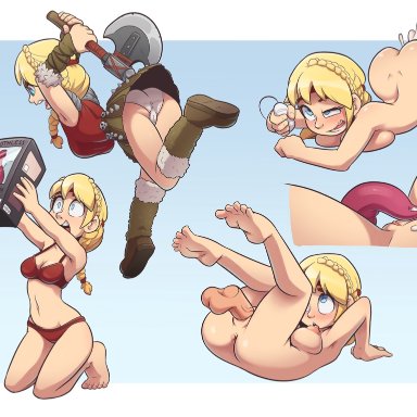 bad dragon, how to train your dragon, astrid hofferson, the other half, action pose, after sex, alternate costume, anus, ass, ass up, axe, bad dragon dildo, barefoot, blonde hair, blue eyes