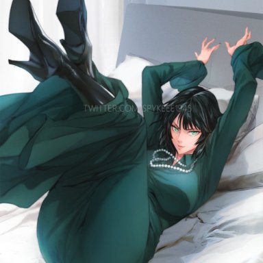 one-punch man, fubuki (one-punch man), spykeee1945, 1girls, arms behind head, arms up, ass, bed, bedroom eyes, big ass, big breasts, big butt, boots, breasts, cameltoe
