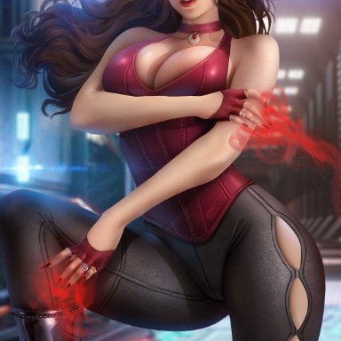 avengers, marvel, marvel comics, x-men, scarlet witch, wanda maximoff, ayyasap, 1girls, arm under breasts, bare arms, bare shoulders, beauty mark, big breasts, black pants, boots