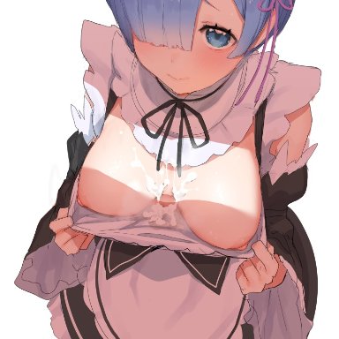 rem (re:zero), azuse neko, 1girls, apron, areolae, bangs, blunt bangs, blush, breasts, clothes pull, cum, cum on body, cum on breasts, cum on clothes, downblouse