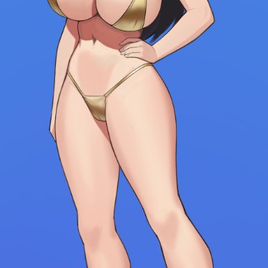 one piece, nico robin, donburikazoku, 1girls, bikini, black hair, blue eyes, breasts, cleavage, female, female only, gold bikini, heels, hips, huge breasts