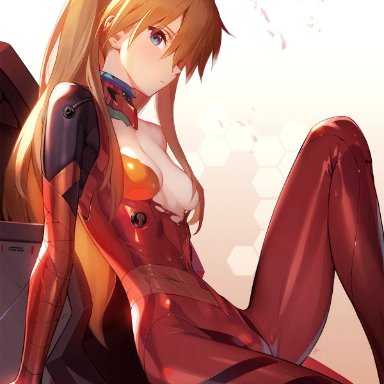 neon genesis evangelion, asuka langley sohryu, siino, 1girls, blue eyes, bodysuit, breasts, female, hair over breasts, legs, light-skinned female, light skin, plugsuit, ripped clothing, sideboob