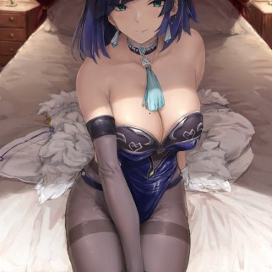 genshin impact, yelan (genshin impact), akita hika, 1girls, bed, bedroom, blue eyes, blue hair, bob cut, breasts, bunny ears, bunny girl, bunnysuit, choker, cleavage