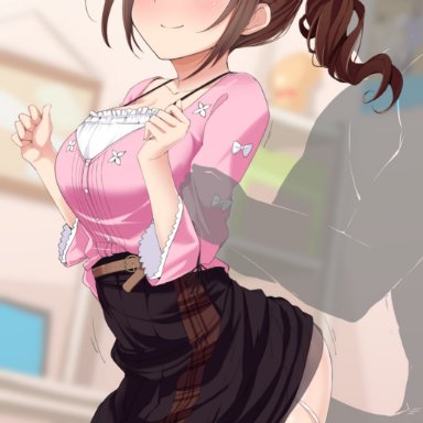 hololive, tokino sora, mcp150 plus, 1boy, 1girl, ass, belt, breasts, brown hair, brown skirt, camisole, clothes lift, doggy style, female, frilled camisole