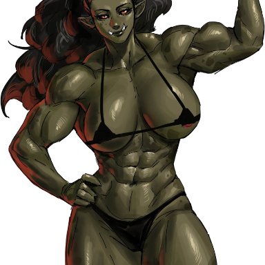 virgoart1509, 1girls, big breasts, bikini, clothed, clothing, female, female only, flexing, humanoid, long hair, mostly nude, muscular, muscular female, orc female