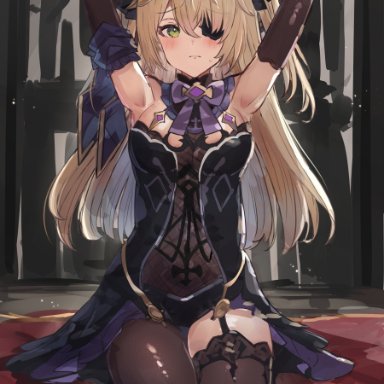 genshin impact, fischl (genshin impact), armpit, armpit fetish, armpits, blonde hair, breasts, eye patch, revealing clothes, thick, thick thighs, twintails