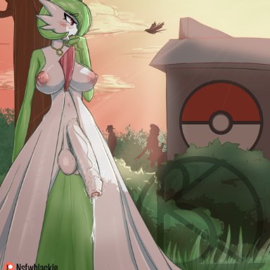 pokemon, gardevoir, nsfwblackle, 1futa, areolae, balls, big balls, big breasts, breasts, erection, exhibitionism, futa only, futanari, huge cock, humanoid