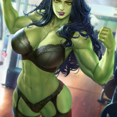 hulk (series), marvel, marvel comics, jennifer walters, she-hulk, neoartcore, 1girls, abs, biceps, big breasts, black bra, black lingerie, black stockings, bra, fit