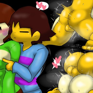 undertale, chara, frisk, enigi09, groping, groping from behind, mating press, nipple poke, questionable consent, teasing