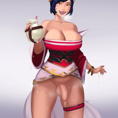 league of legends, ahri, magnetus, 1futa, balls, big breasts, black hair, bottomless, bracelet, breasts, cleavage, clothed, clothing, collarbone, cum