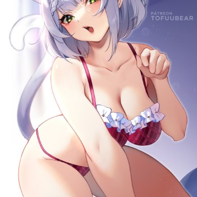 genshin impact, noelle (genshin impact), tofuubear, 1boy, bra, breasts, cat ears, cat tail, catgirl, cleavage, cute, panties, solo, underwear, absurd res