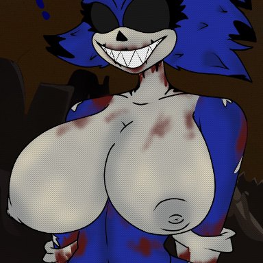 friday night funkin, friday night funkin mod, exe (revie), sonic.exe, sonic the hedgehog, chara wantrp, anthro, black eyes, blood, blood on face, body horror, breasts, ear, female, female only