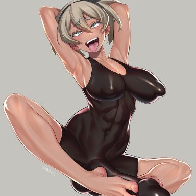 pokemon, pokemon (game), pokemon ss, bea (pokemon), minazuki juuzou, 1futa, ahe gao, aqua eyes, armpits, arms behind head, arms up, autofootjob, balls, bare shoulders, big breasts