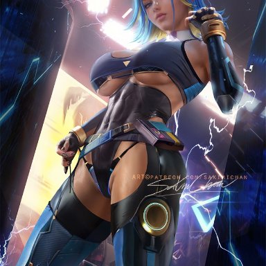 riot games, valorant, neon (valorant), sakimichan, 1girls, armpits, bare shoulders, bare thighs, big breasts, blue hair, electricity, female, female focus, female only, fingerless gloves