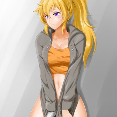 rwby, yang xiao long, kimmy77, 1girl, blonde hair, blush, bottomless, breasts, clothing pull, female, long sleeves, no pants, open clothes, prosthetic arm, tied hair