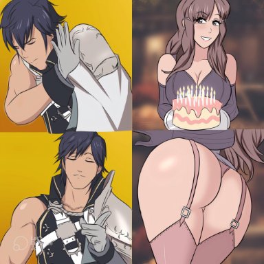 fire emblem, fire emblem awakening, nintendo, chrom (fire emblem), sumia, sumia (fire emblem), glazinbuns, 1boy, 1boy1girl, 1girls, armor, ass, ass focus, bare thighs, birthday