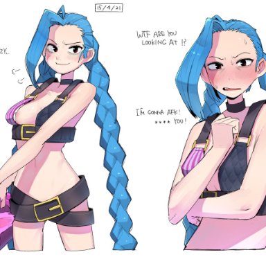 league of legends, riot games, jinx (league of legends), ohasi, bangs, blue hair, blush, bra, braided twintails, embarrassed, female, gun, nipple slip, shorts, small breasts