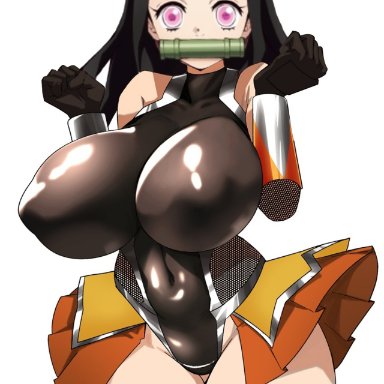 demon slayer, kimetsu no yaiba, kamado nezuko, big breasts, huge breasts, latex, thick thighs, edit