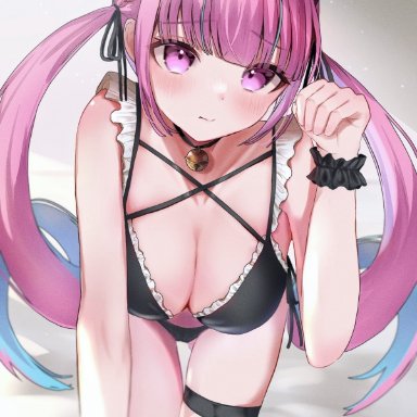 hololive, minato aqua, ahoge, all fours, alternate costume, animal ears, bangs, bed sheet, bell, bikini, black bikini, black hairband, black ribbon, blunt bangs, blurry