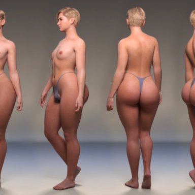 original, slushe (website), pbrown201077, 1boy, androgynous, ass, back view, belly, belly button, big ass, bikini bottom, blonde hair, bubble ass, bubble butt, bulge