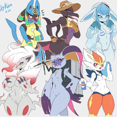 pokemon, cinderace, eeveelution, glaceon, hisuian zoroark, lucario, pok&#233;mon (species), salazzle, sneasler, zoroark, skykain, 6girls, big breasts, breasts, female