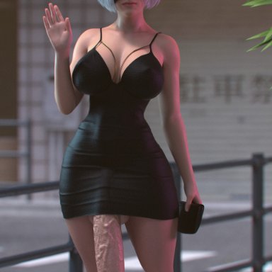 nier, nier: automata, yorha 2b, zeroshimi, 1futa, balls, big balls, big breasts, big penis, blindfold, breasts, casual, clothing, eyewear, futa only