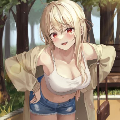 original, original character, bent over, blonde hair, blush, breasts, busty, cleavage, clothing, coat, denim, denim shorts, female, female only, handbag