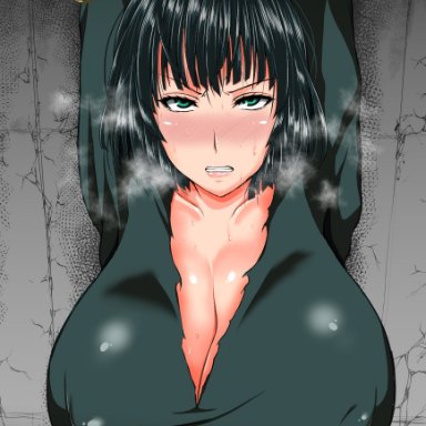 one-punch man, fubuki (one-punch man), 1girls, against wall, angry, angry face, annoyed, areola bulge, arms tied, arms up, big breasts, blush, blushing, boobs, breasts