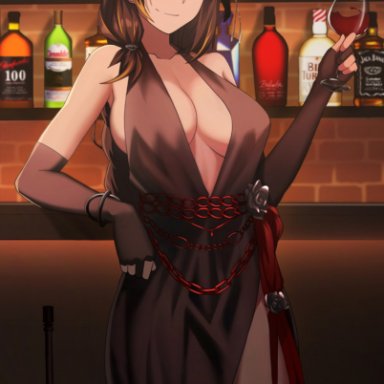 girls' frontline, m16a1 (girls' frontline), cero (last2stage), 1girls, alcohol, assault rifle, bangs, black dress, black gloves, bottle, braid, breasts, brick wall, brown eyes, brown hair