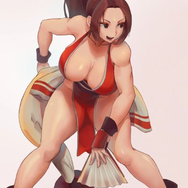 fatal fury, king of fighters, snk, mai shiranui, lesottart, 1girls, action pose, breasts, brown eyes, brown hair, cleavage, clothed, female, female only, hanging breasts