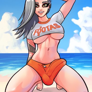 brad nsfw, 1futa, beach, big breasts, big penis, black eyes, breasts, bulge, clothed, clothing, covered nipples, covering breasts, covering crotch, demon, demon girl