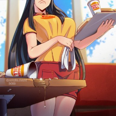 kill la kill, studio trigger, kiryuuin satsuki, arwald, 1girls, angry, annoyed, annoyed expression, big breasts, black hair, blue eyes, breasts, busty, cap, curvy