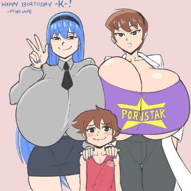 elanor (lewdicrousart), sarah (lewdicrousart), scotty (lewdicrousart), mindwipe, 1boy, 1boy2girls, 2girls, big breasts, blue hair, blush, breasts, brown hair, cleavage, female, giant breasts