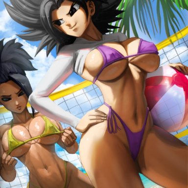 dragon ball, dragon ball super, caulifla, kale, elitenappa, 2girls, ball, beach, beach ball, big breasts, bikini, black hair, breasts, clothing, cloud