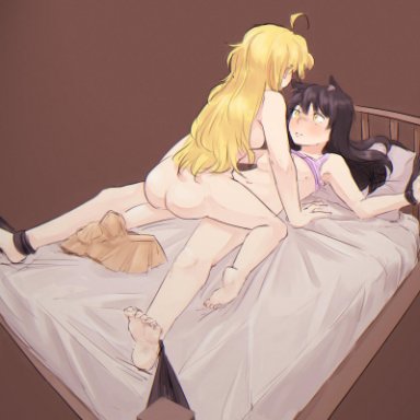 rwby, blake belladonna, yang xiao long, chadolbaegi, 2girls, ahoge, animal ears, ass, black hair, blonde hair, bondage, bound, breasts, cat ears, clothes lift