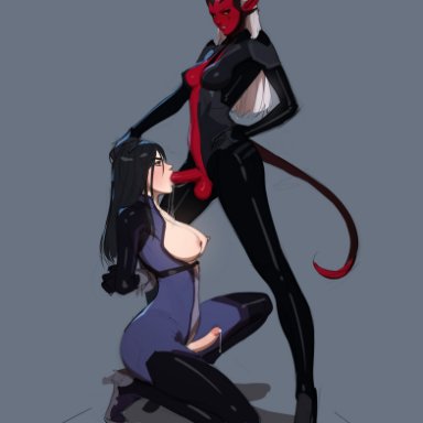 tarakanovich, 2futas, areolae, arms tied behind back, balls, black hair, black sclera, blowjob, bodysuit, breasts, breasts out, clothed, clothing, demon girl, demon horns