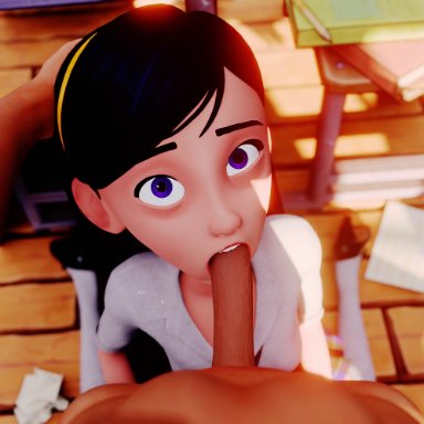 disney, the incredibles, violet parr, xzcrystal3d, 1girl, 1girls, blowjob, classroom, deepthroat, female, female focus, heroine, looking at viewer, oral, oral sex